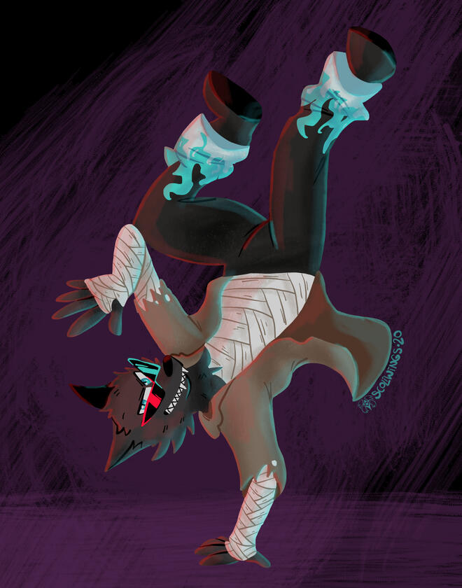 A dark-furred wolf in cool clothes doing a sick flip (a commission for EonSpec).