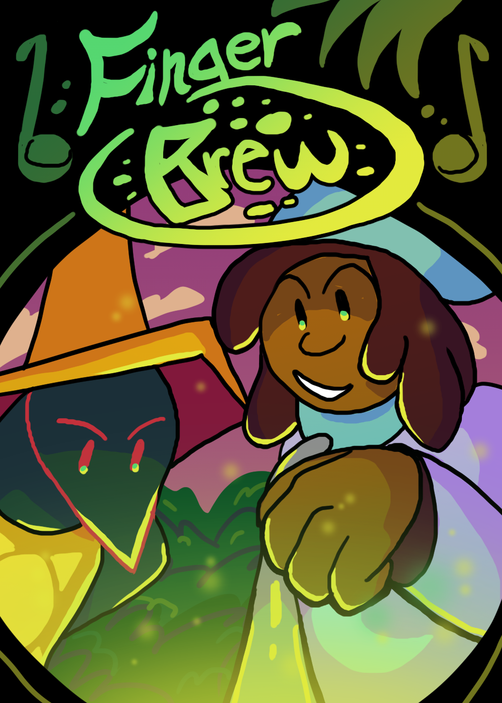 The Finger Brew poster. You are in the cauldron being stirred by two witches.